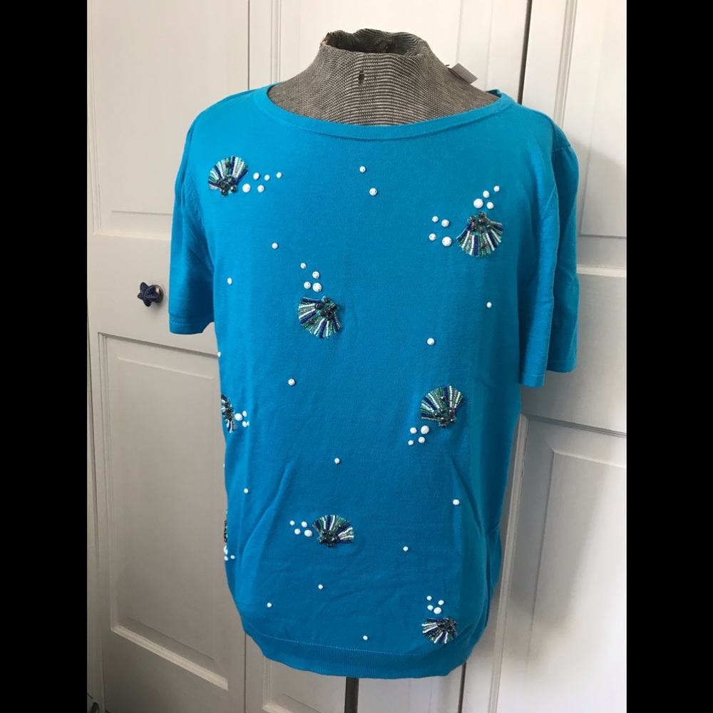 Talbots aqua beaded shell short sleeve sweater
